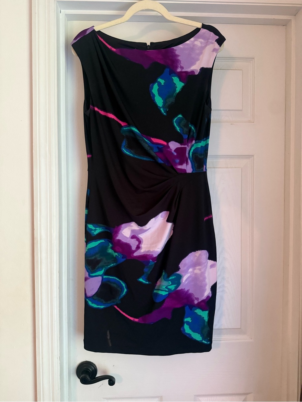 Suzi Chin Black Midi Dress with Purple and Teal Floral Print